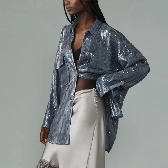 Pilcro- NWT Anthropologie Sequin Blue Button Down Long-sleeve Shirt - Picture 4 of 8